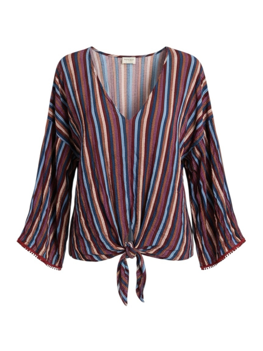 Peach Love California Striped Tie Front Bell Sleeve Boho Top